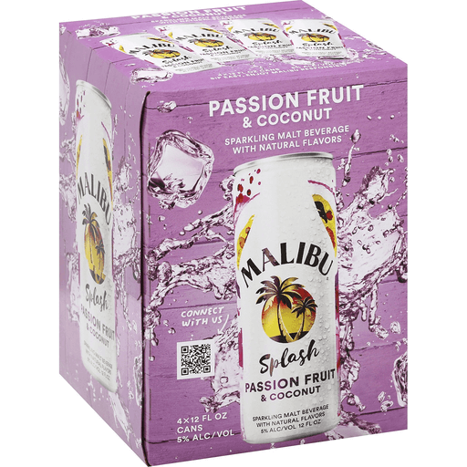 551cde415814df5e774205a8ec7ce847_large_5c759347-dd07-4197-97d8-e8582db8367e.png Malibu Splash Passion Fruit & Coconut 4pk Cans - Image 1