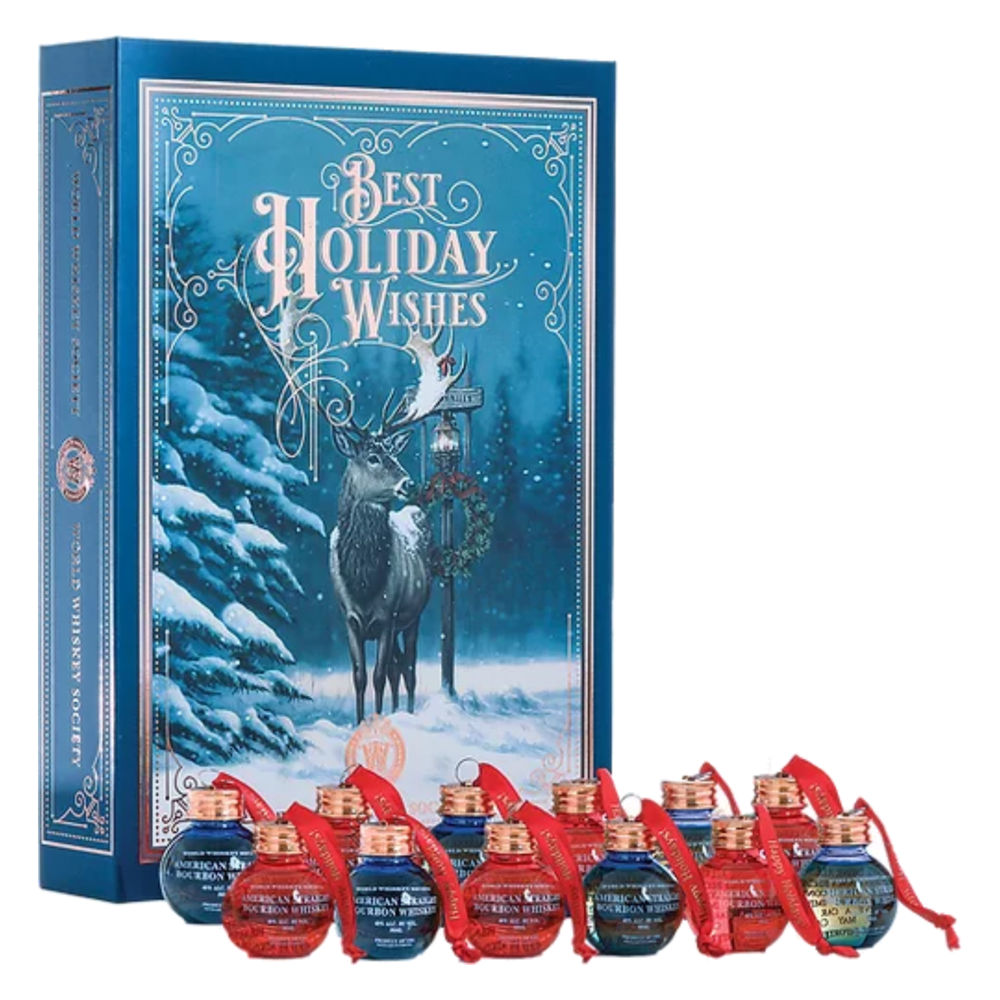 BottleTemplate_537d2495-ab86-49bc-bd4b-f63a970c8d44.png World Whiskey Society Best Holiday Wishes Bourbon Ball Ornament Gift Set - Image 1